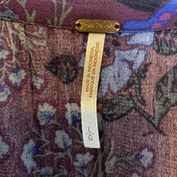 Free People Plum Purple Blouse Blue Floral Tunic Bell Sleeves Boho Size L - Picture 3 of 9